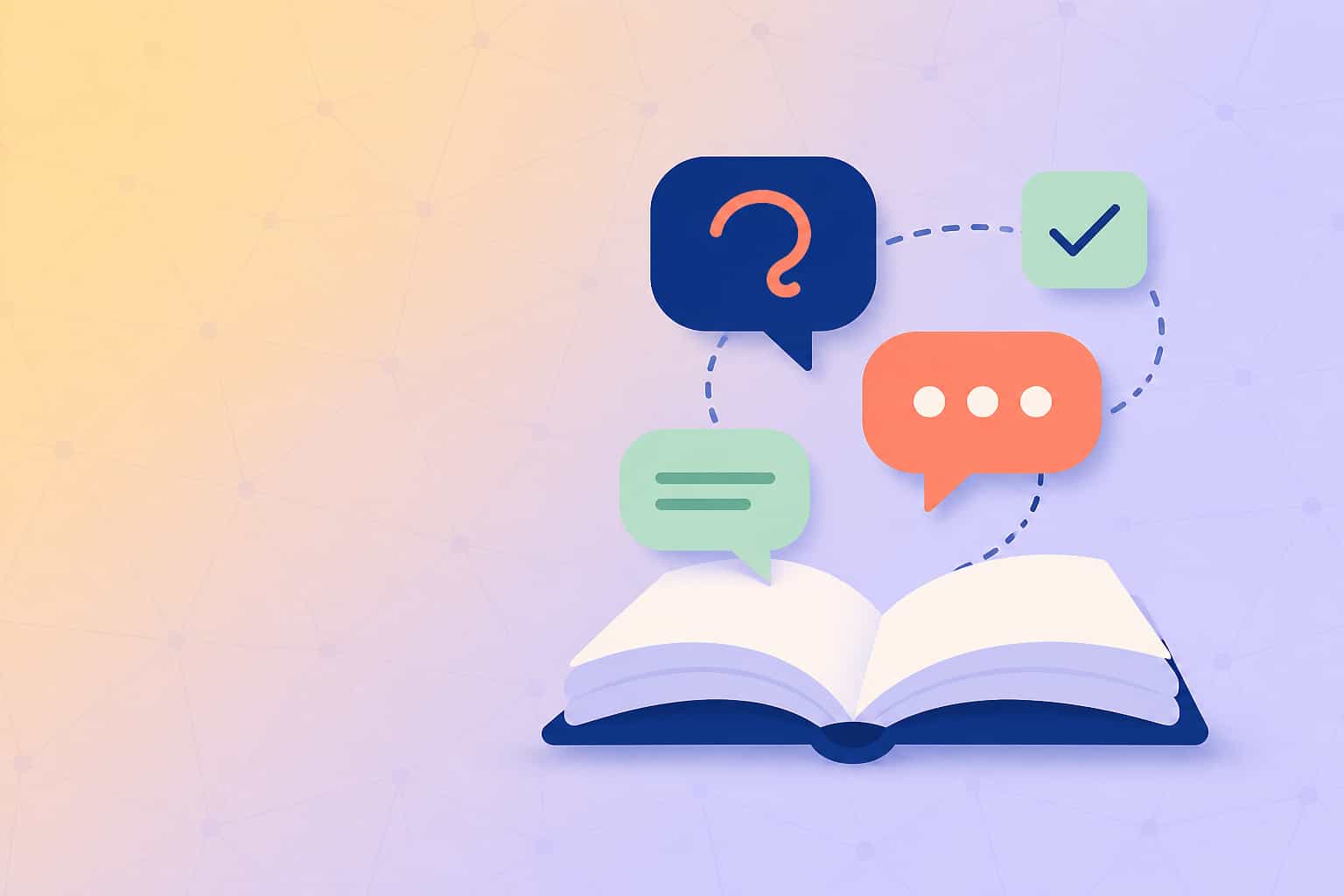 كتاب مفتوح محاط بفقاعات سؤال ومثال وعلامة صح