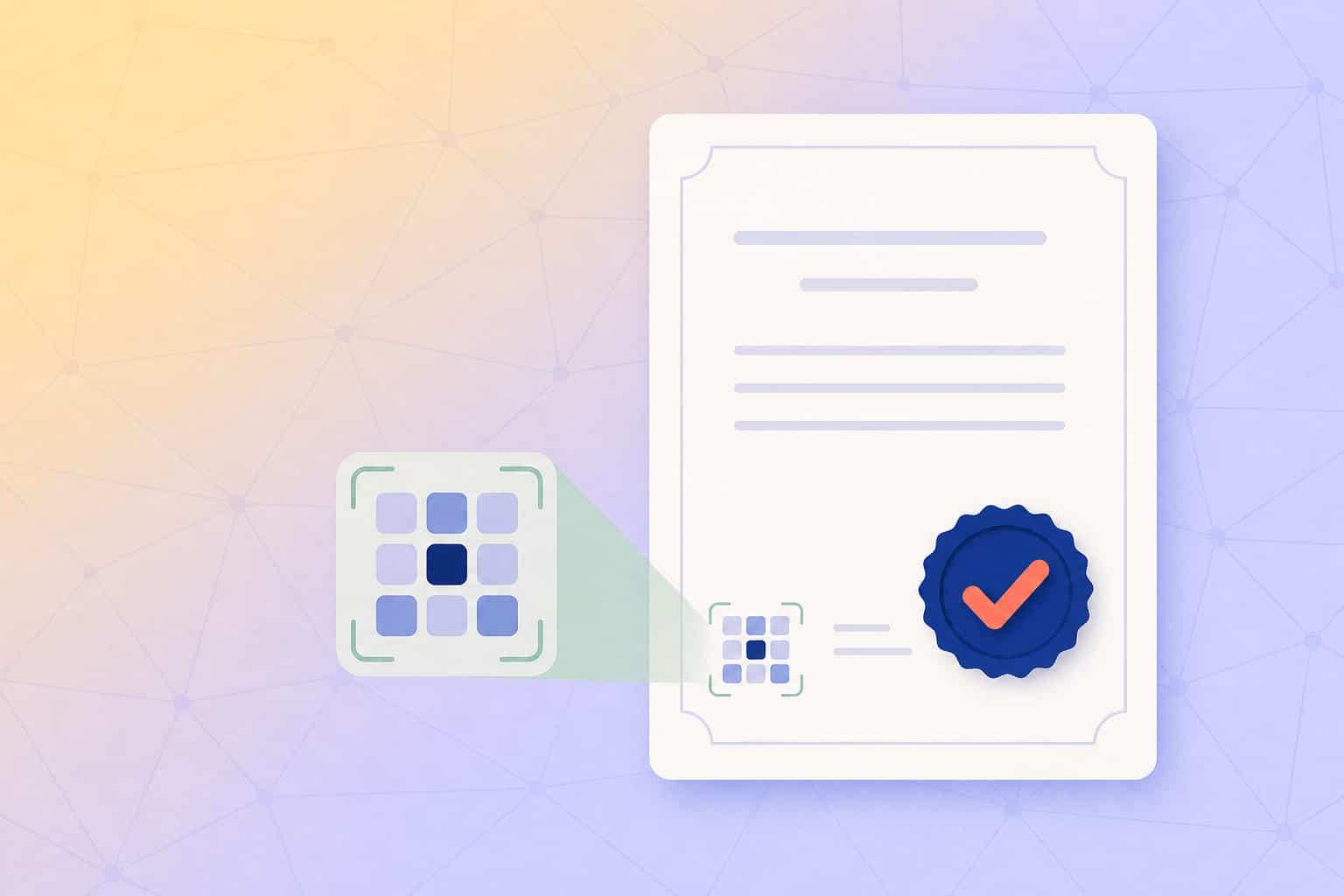 Doğrulama mührü ve soyut tarama ızgarası bulunan SmartWords sertifikası